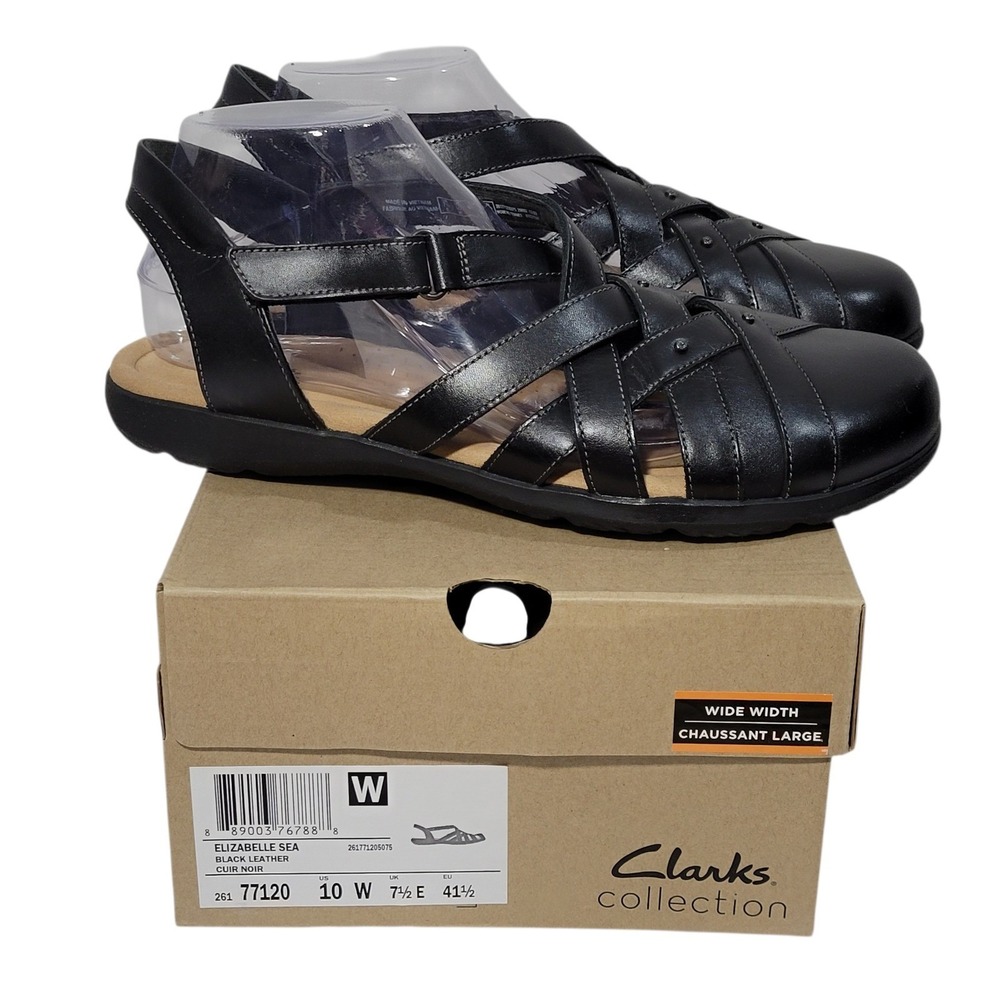 Clarks Elizabelle Sea Sandals Womens 10W Wide Black Leather Strappy Closed Toe - Picture 2 of 16